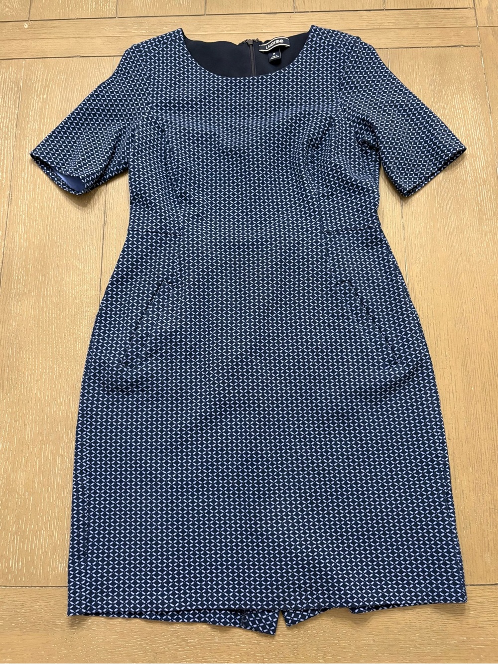 Lands End Blue Patterned Short-Sleeve Sheath Dress